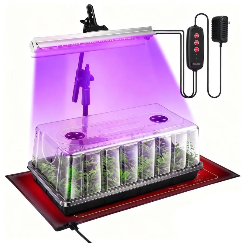 Humidity Dome Kit - 種まきトレイ、育苗キット（育成ライトとヒートマット付き）、室内苗トレイキット、5.9インチ高湿度ドーム、96個のLEDライト