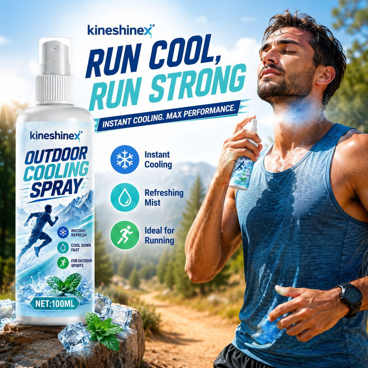 Misting Bottle Fine - 屋外用冷却スプレー 100ml – ランニング、サイクリング、ハイキング、キャンプに最適な瞬間冷却、微細ミスト冷却ミント配合、暑さを素早く解消