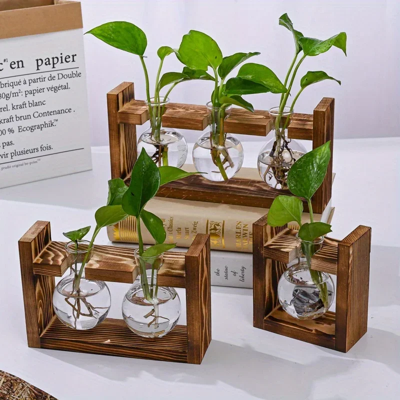 Propagation Station Vase - 卓上ガラスプランター繁殖ステーション水耕植物花瓶木製トレイ付きフラワーコンテナホームオフィス装飾用