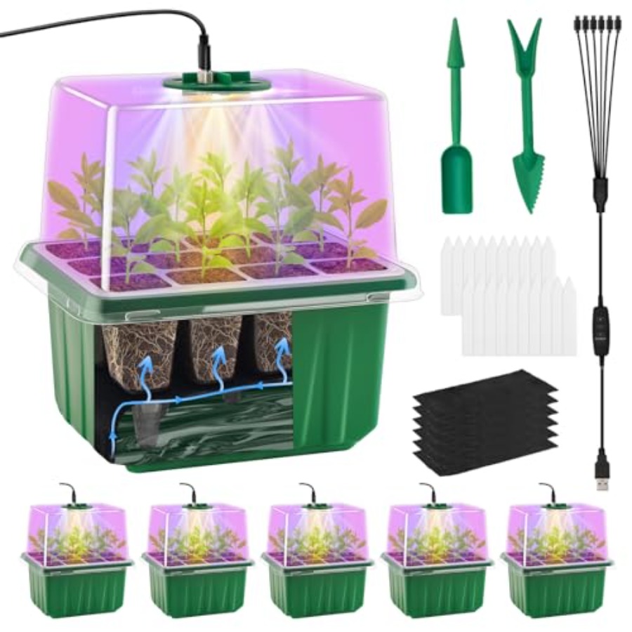Humidity Dome Kit - ライト付き種子スタータートレイ6パック、植物スタータートレイ、苗スターターキット、湿度ドーム付きベース、屋内ミニ温室
