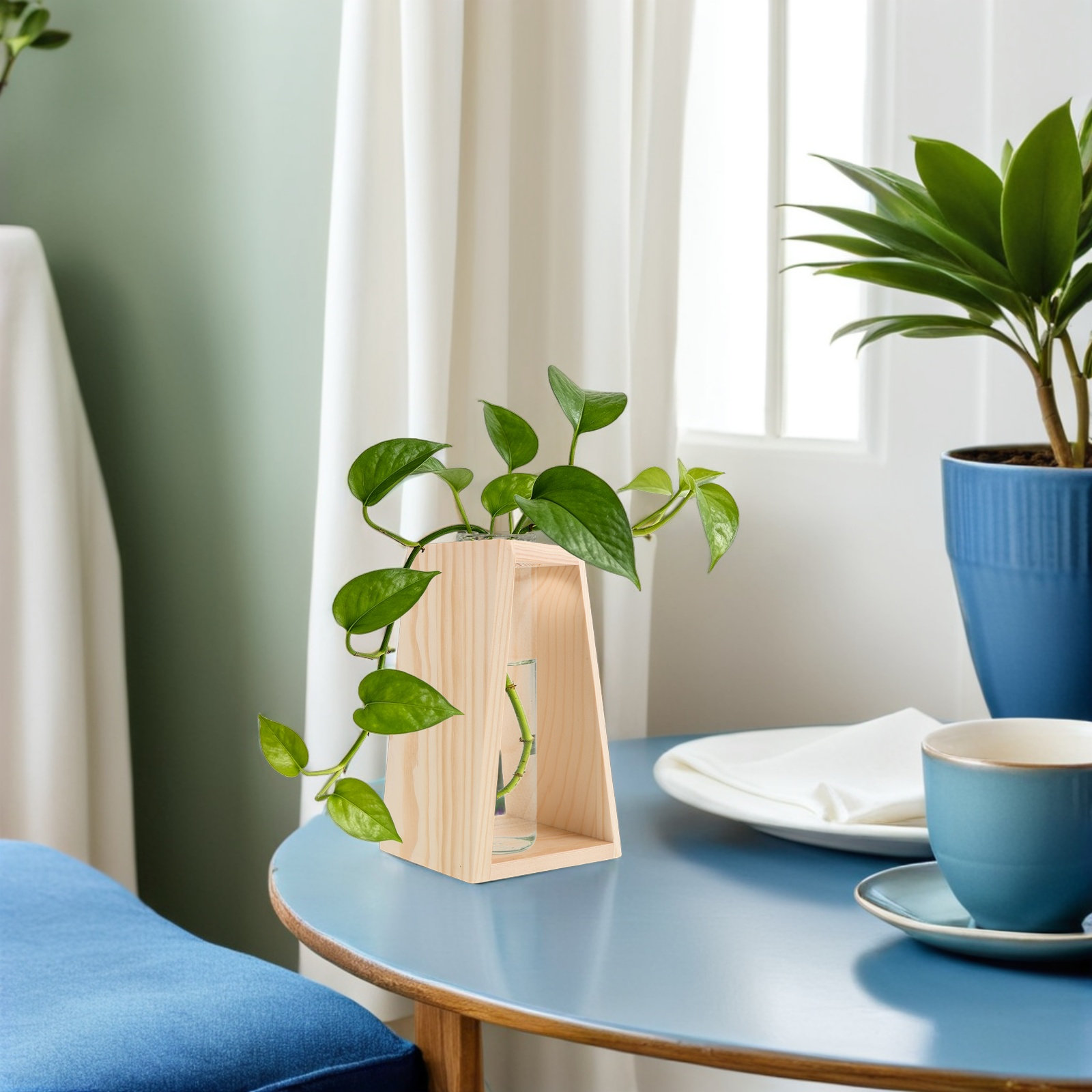 Propagation Station Vase - シングルスロット水耕栽培植物ガラス容器木製スタンド安定した木製ベース花瓶繁殖ステーションホームオフィスフラワー用