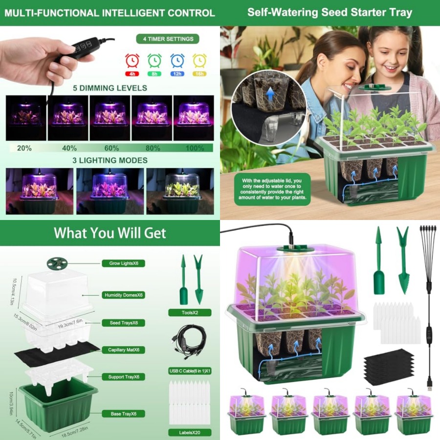 Humidity Dome Kit - ライト付き種まきトレイ、6パック植物育成トレイ、湿度ドーム付き苗スターターキット、屋内ミニ温室