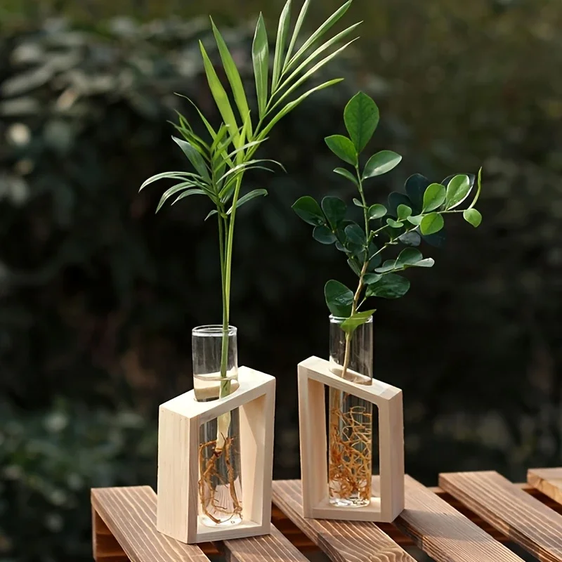 Propagation Station Vase - 試験管ガラス花瓶 植物繁殖ステーション 水耕栽培花瓶 木製スタンド付き 植物用テラリウム オフィス