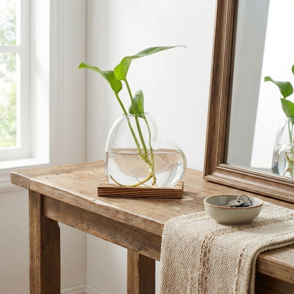 Propagation Station Vase - 透明な水耕栽培ガラス花瓶木製スタンド装飾愛の形をした花瓶ミニマリスト植物繁殖ステーションリビングルーム