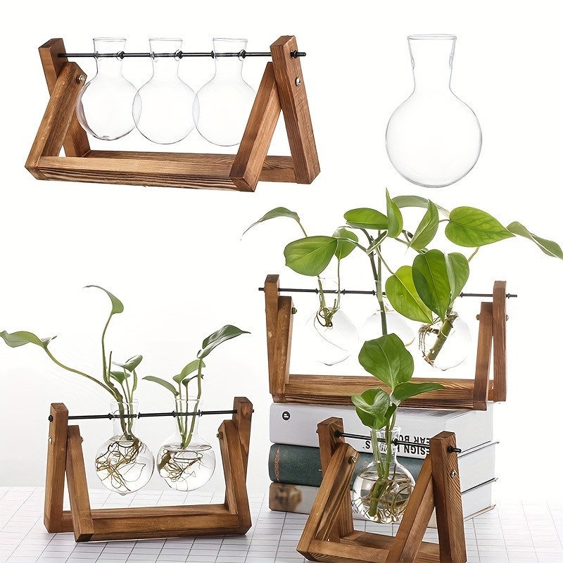 Propagation Station Vase - 卓上ガラスプランター繁殖ステーション、植物用木製ラックテラリウムの水耕植物花瓶、家の装飾、部屋の装飾