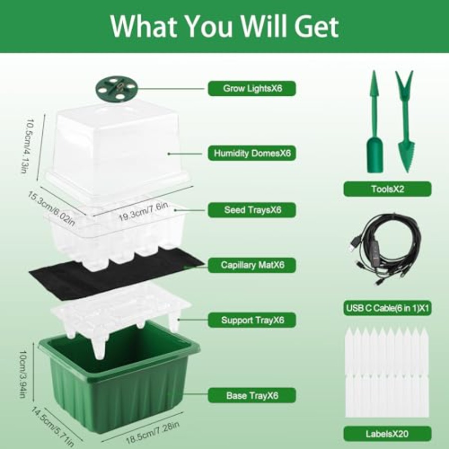 ライト付き種子スタータートレイ6パック、植物スタータートレイ - Humidity Dome Kit のレビューと価格